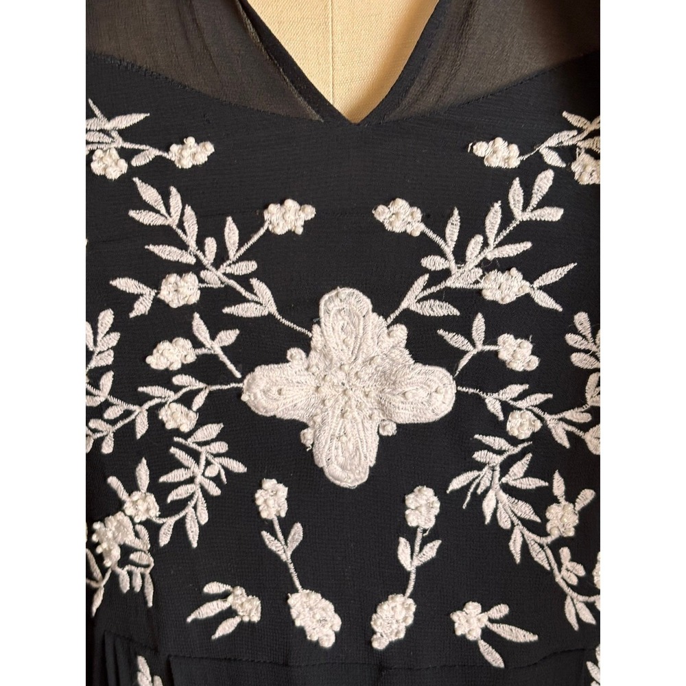 French Connection Dress S Black Dark Romance Coquette Embroidered Tie Neck Mesh - Picture 3 of 8